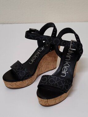 Calvin Klein Black logo Cork Wedge Platform sandal size 8